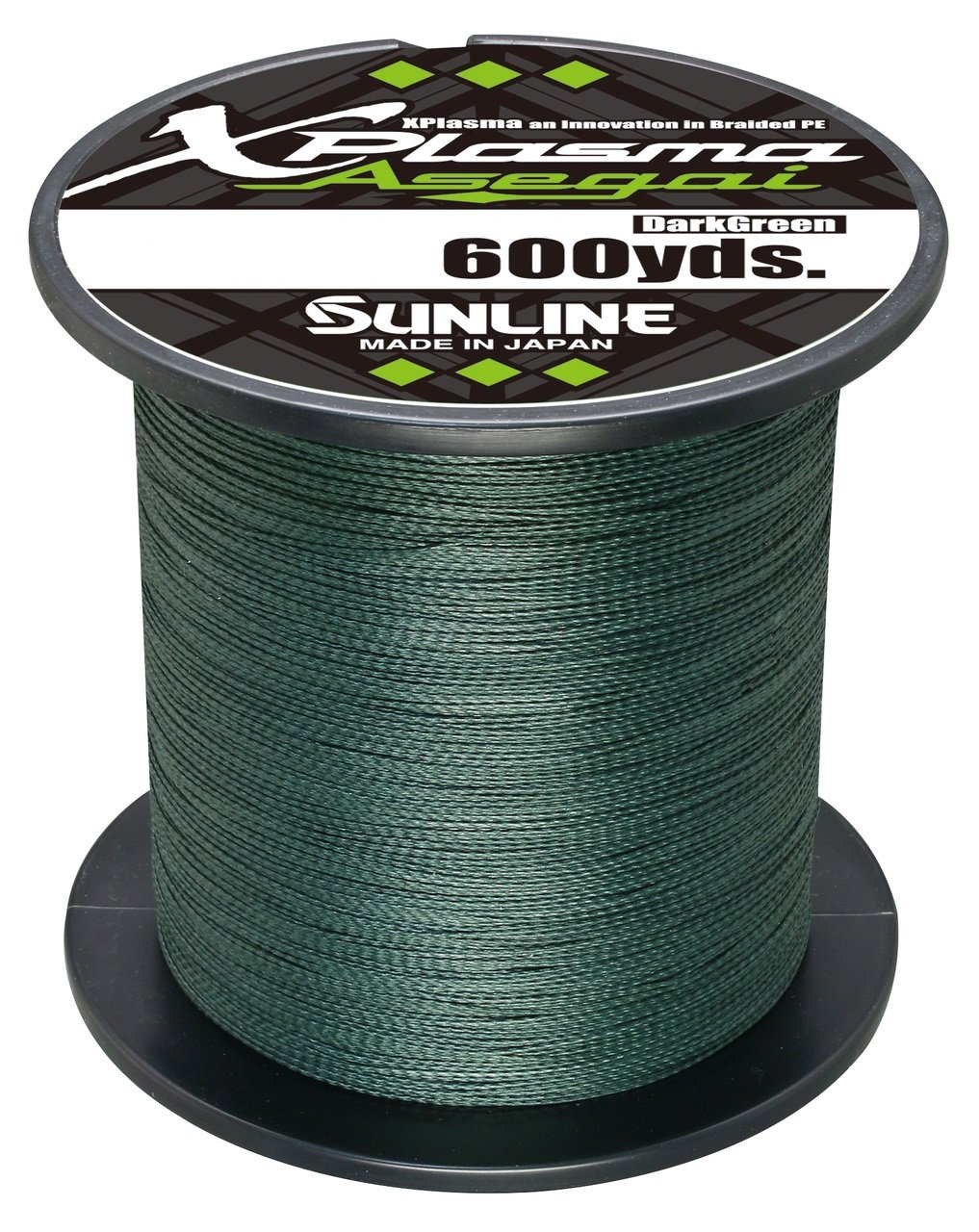 A spool of Sunline Xplasma Asegai Braided Line, featuring advanced technology and labeled "Sunline Xplasma Asegai, 600 yds., Dark Green, Made in Japan," is displayed. The black spool with a circular label highlights exceptional performance for all anglers.