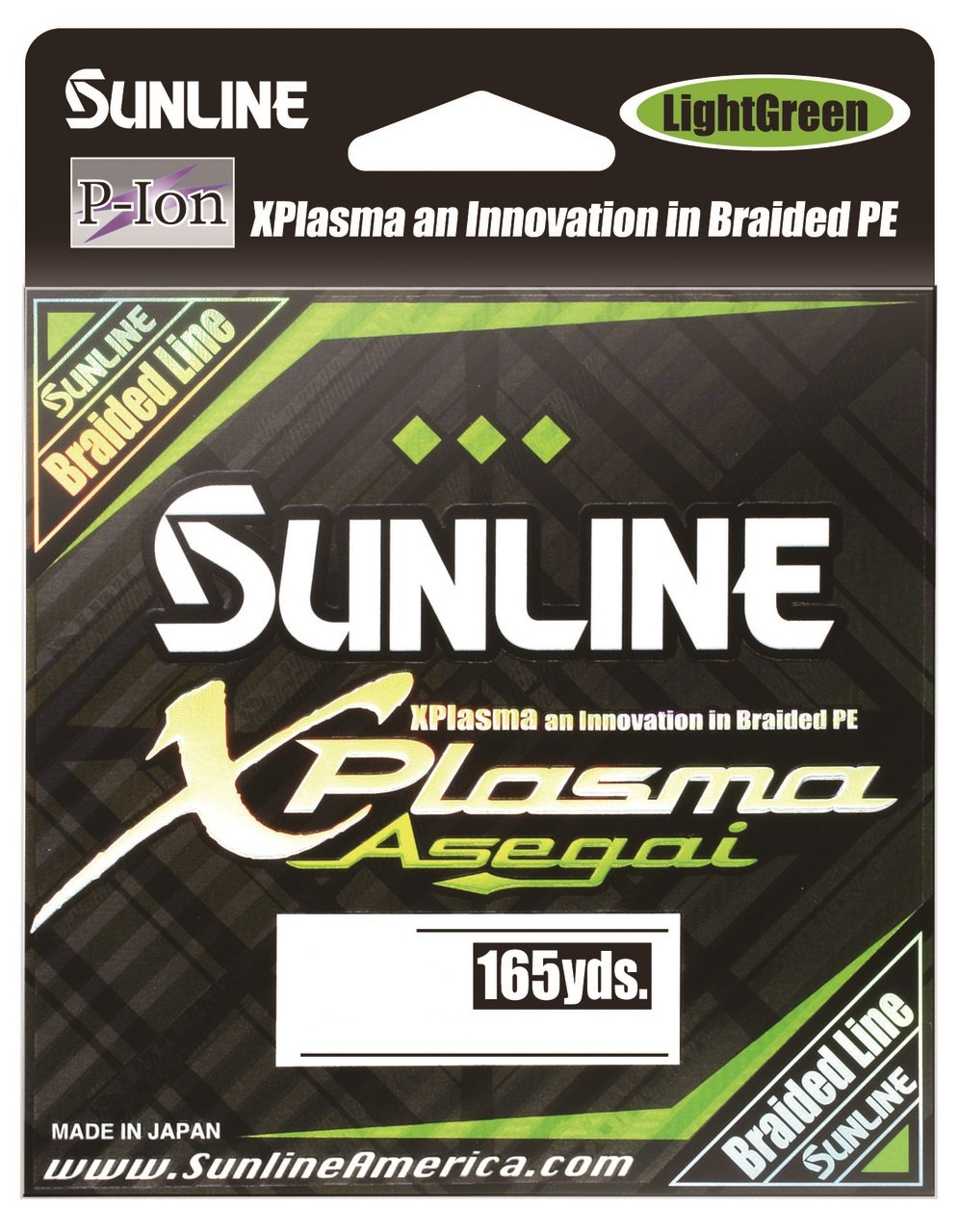 The Sunline Xplasma Asegai Braided Line 165yd by Sunline comes in light green featuring "XPlasma Technology: an Innovation in Braided PE" and "P-Ion." Made in Japan, it has a premium eight-strand design with sleek black, bold green, white, and yellow text.