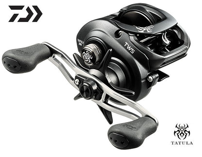 Close-up of a black Daiwa Tatula 200H 6.3:1 Casting Reel with dual cranks and TWS logo. It features ergonomic grips and a sleek, modern design, showcasing its precision engineering and functionality.