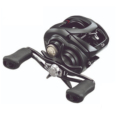 The Daiwa Tatula 100H 6.3:1 Casting Reel, a sleek black design with ergonomic handles and metallic accents, features the T-Wing System for smooth casting and retrieval, enhancing its modern look and performance with innovative light line baitcaster capabilities.