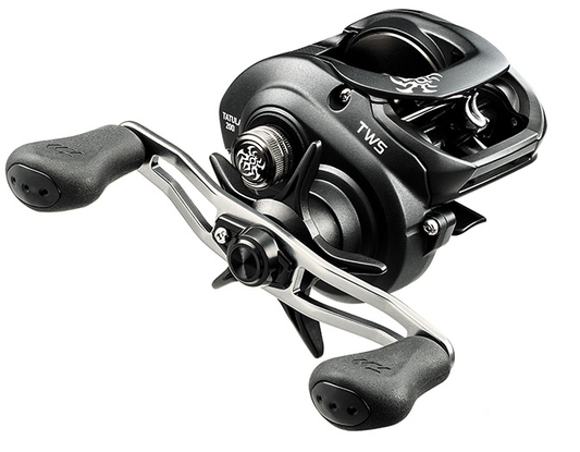 The Daiwa Tatula 200HSL 7.3:1 Left Hand Casting Reel features a sleek, modern design with ergonomic handles and reinforced brass gearing. Its striking black and metallic finish highlights the visible gears and prominent logo on the body.