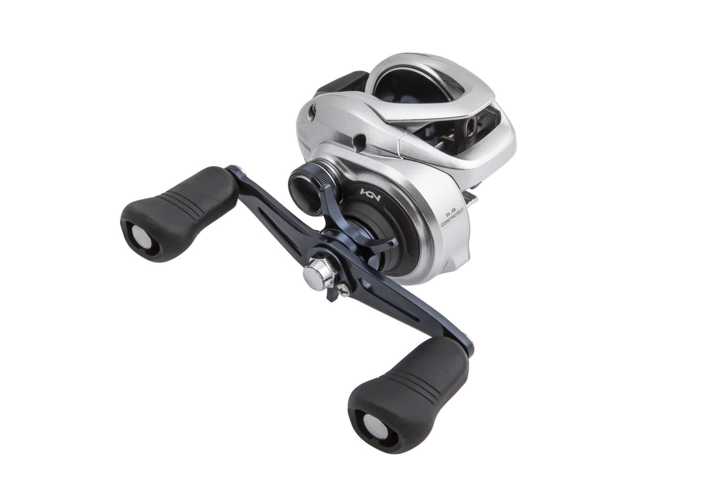 Introducing the Shimano Tranx 400 5.8:1 Casting Reel from americanlegacyfishing in silver and black, featuring two handles, CoreProtect technology for added durability, a sleek compact design, and a visible spool mechanism for right-handed use.