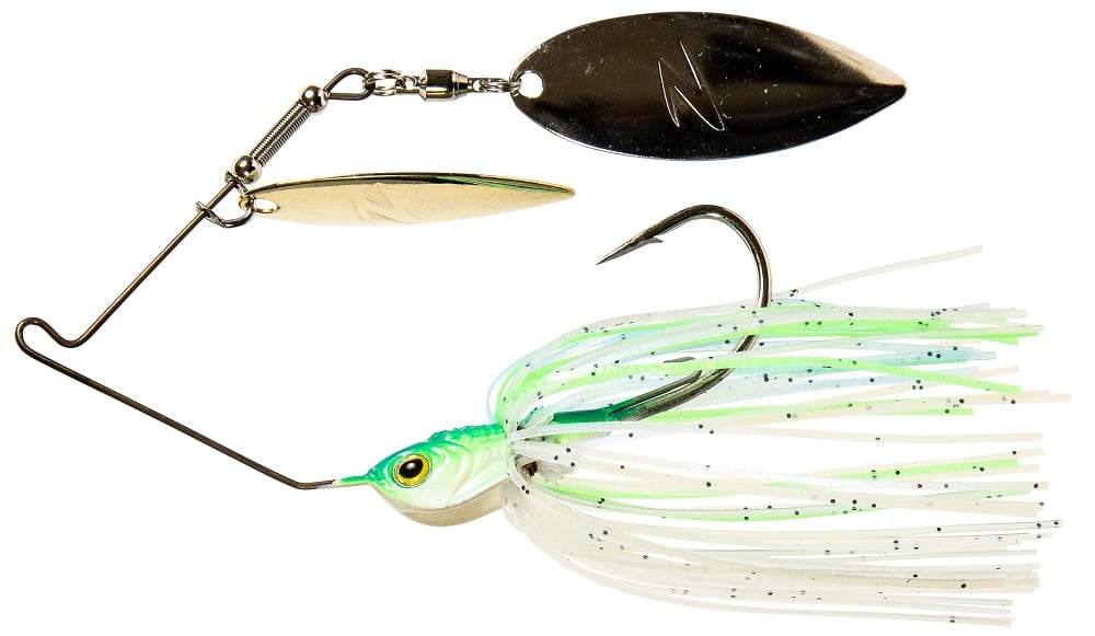 The Z-Man SlingBladeZ Power Finesse Double Willow Spinnerbait is a top-notch fishing lure featuring a shiny metal blade and a skirt adorned with green and white strands, accented by black speckles. Expertly designed to attract fish by mimicking natural prey, it boasts StabilTrack technology to ensure it stays steady in the water.