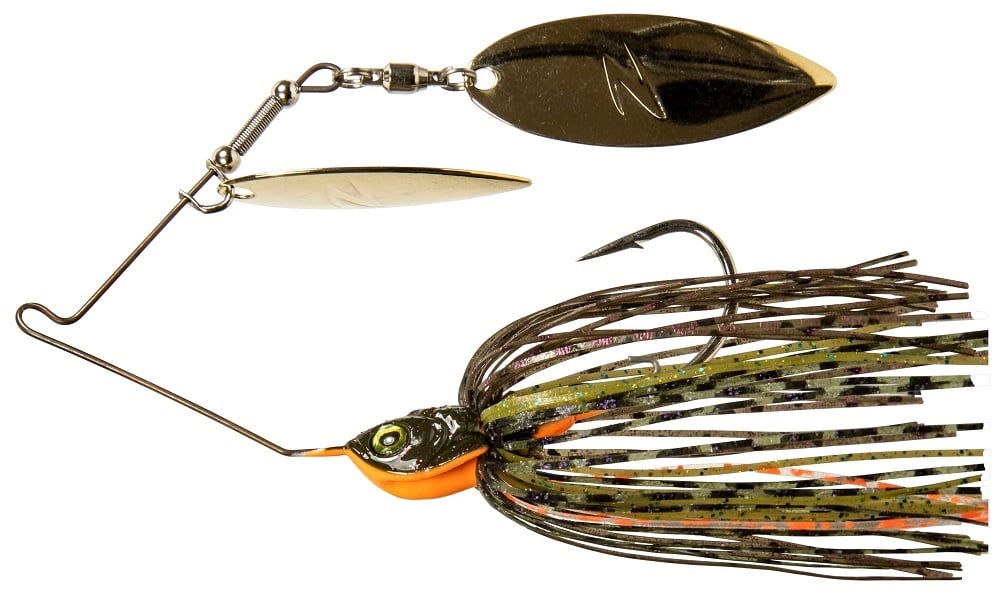 Introducing the Z-Man SlingBladeZ Power Finesse Double Willow Spinnerbait, a fishing lure with a metal wire arm and dual shiny oval spinner blades. Its vibrant skirt features orange and black hues, mimicking fish or insect patterns, while the weighted fish-shaped head boasts an eye-catching design.