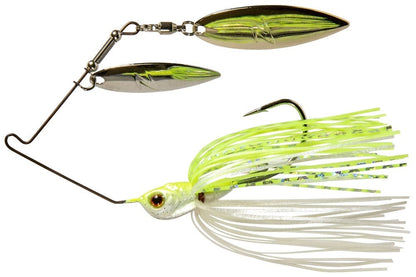 The Z-Man SlingBladeZ Power Finesse Double Willow Spinnerbait by Z-Man features a metal hook, two shiny spinner blades, and a skirt of yellow and white strands designed to attract fish with precision akin to StabilTrack technology.