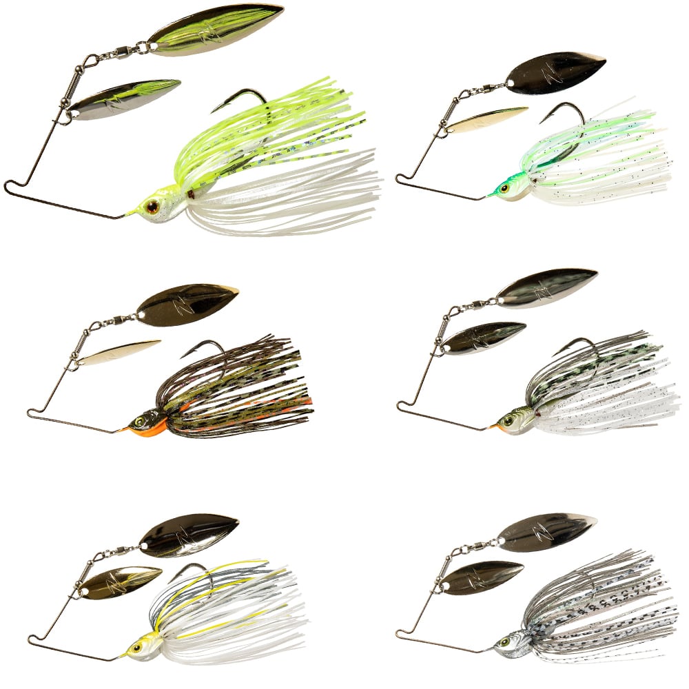 A collection of six Z-Man SlingBladeZ Power Finesse Double Willow Spinnerbait lures, each featuring a different colored skirt and metallic spinner blades. The colors include green, white, orange, and silver. The lures are arranged in two rows against a white background.