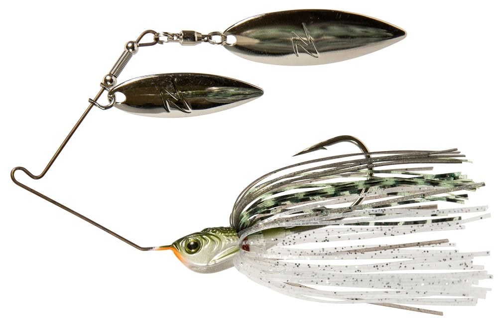 The Z-Man SlingBladeZ Power Finesse Double Willow Spinnerbait features a sturdy metallic body and two gleaming, oval blades. Its vibrant skirt includes green and white strands peppered with black speckles. Outfitted with a sharp hook, this spinnerbait is designed to mimic the appearance of a small fish, helping you land the big catch.