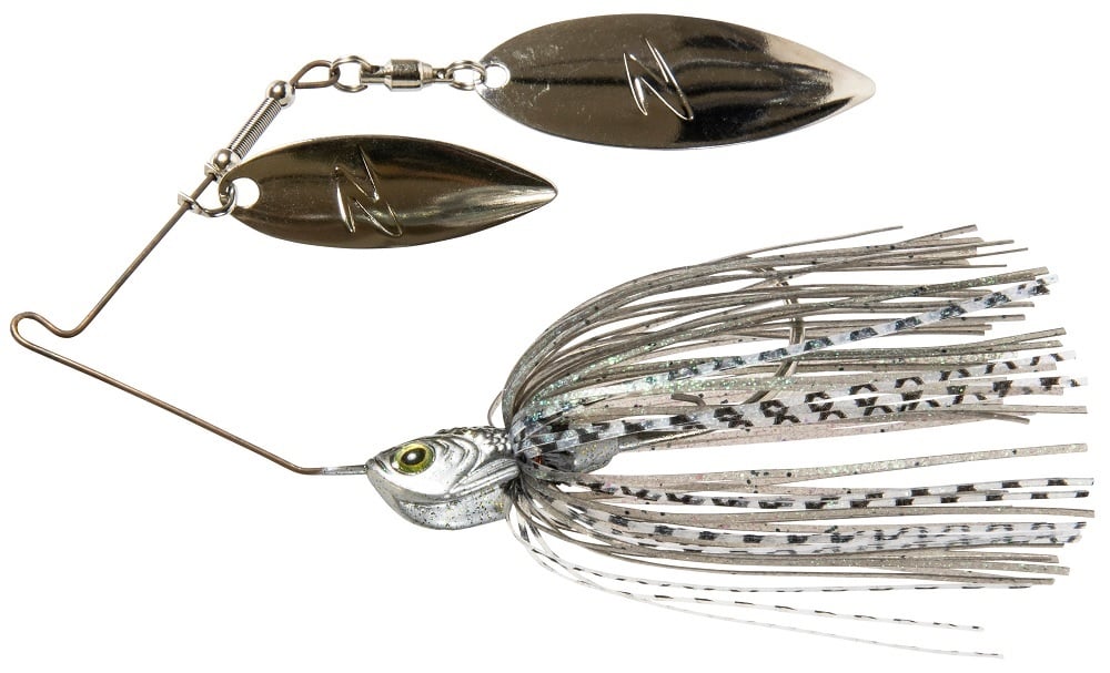 The Z-Man SlingBladeZ Power Finesse Double Willow Spinnerbait features two metallic spinner blades and a skirt made of gray and white strands. It includes a fish-like head with an eye detail, making it ideal for attracting elusive catches.