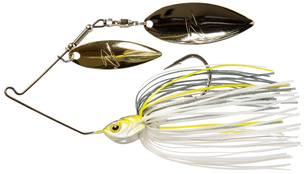 Introducing the Z-Man SlingBladeZ Power Finesse Double Willow Spinnerbait: a fishing lure by Z-Man featuring dual metallic willow blades and a head adorned with tassels in shades of yellow, white, and gray. Its sleek design boasts a hooked wire structure and shiny spinner blades, making it ideal for attracting fish in various water conditions.